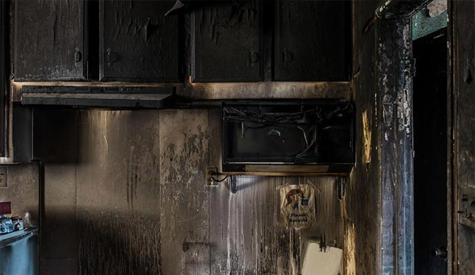 Fire damaged kitchen room