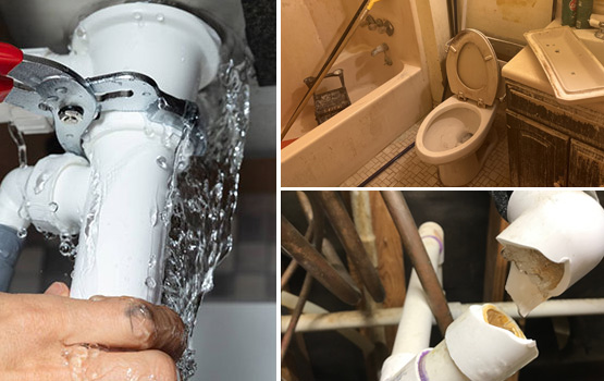 burst pipe, toilet overflow and plumbing leak