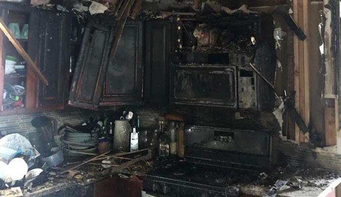 Fire damaged kitchen room