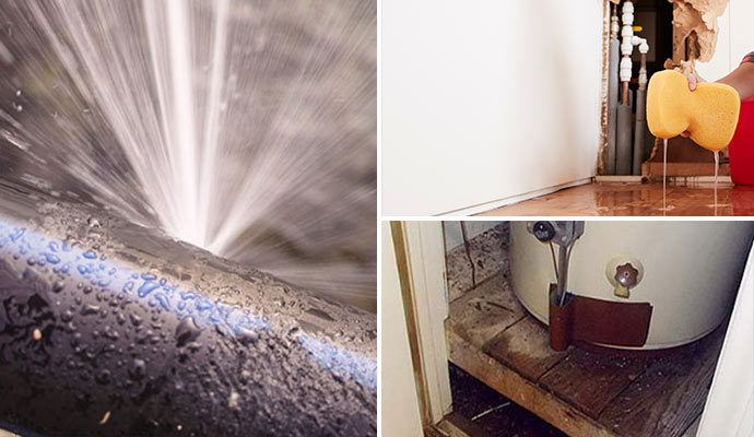 Burst pipe, appliance leak and water damaged wood floor