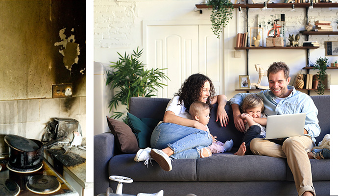 Smoke Damaged kitchen after cleaning family enjoying together